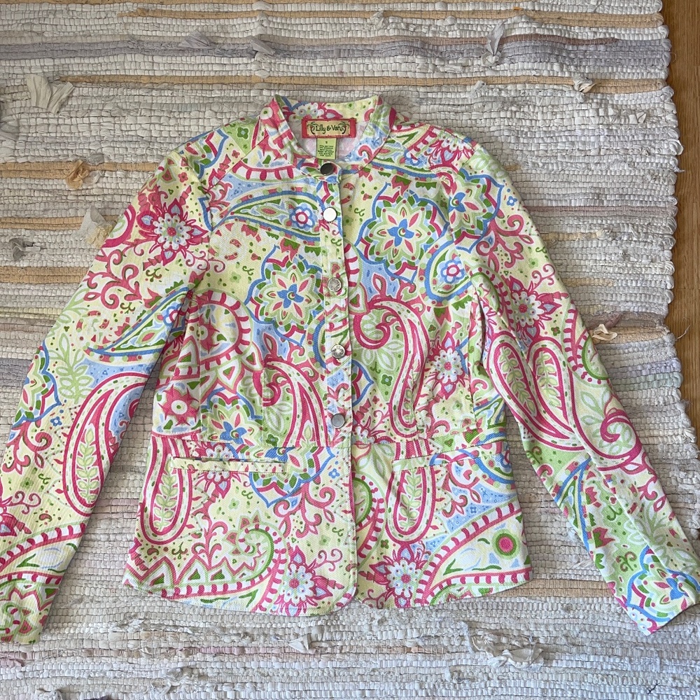 Lilly & Van Colorful Paisley Print Denim Button Up Jacket / Blazer Size Small